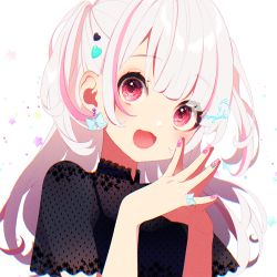 Rule 34 | 1girl, bow, bow earrings, earrings, hair ornament, heart, heart hair ornament, jewelry, long hair, looking at viewer, mamyouda, nail polish, open mouth, original, pink eyes, pink nails, smile, solo, upper body, white hair