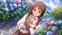 Rule 34 | 1girl, blue flower, blush, brown eyes, brown hair, building, card (medium), cityscape, cloud, flower, game cg, hagiwara yukiho, holding, idolmaster, idolmaster million live!, idolmaster million live! theater days, leaf, official art, open mouth, private dress (idolmaster million live!), purple flower, rainbow, solo, sparkle, sweater vest, tree