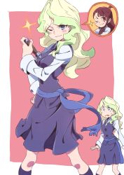 Rule 34 | 2girls, black ribbon, blonde hair, blue eyes, blush stickers, brown hair, closed mouth, collared shirt, commentary request, cowboy shot, diana cavendish, disguise, dress, dual persona, high ponytail, highres, holding, kagari atsuko, little witch academia, long hair, long sleeves, looking at viewer, multiple girls, neck ribbon, one eye closed, parted lips, pinafore dress, pink background, purple legwear, purple skirt, purple vest, red eyes, ribbon, sash, shirt, simple background, skirt, sleeveless dress, smile, socks, sparkle, standing, sweatdrop, tama (tama-s), vest, wand, white shirt, wide-eyed, wing collar