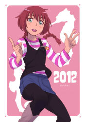 Rule 34 | 10s, 1girl, 2012, akeome, braid, darker than black, denim, denim skirt, happy new year, jewelry, kyosu, long hair, necklace, new year, pantyhose, pencil skirt, red hair, shirt, skirt, solo, striped clothes, striped shirt, suou pavlichenko