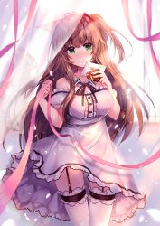 Rule 34 | 1girl, animal ears, arms up, black ribbon, box, breasts, brown hair, cat ears, commentary request, contrapposto, cowboy shot, cropped legs, curtains, day, detached collar, dress, envelope, garter straps, green eyes, head tilt, heart-shaped box, highres, holding, holding box, holding envelope, holding ribbon, indoors, letter, light particles, long hair, looking at viewer, love letter, medium breasts, moe2020, neck ribbon, original, petals, pink ribbon, raglan sleeves, ribbon, smile, solo, standing, strapless, strapless dress, thigh gap, thighhighs, usagihime, valentine, very long hair, white dress, white thighhighs, window