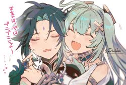 Rule 34 | 1boy, 1girl, aqua hair, arm tattoo, bead necklace, beads, black hair, blush, closed eyes, dress, facial mark, faruzan (genshin impact), forehead mark, genshin impact, gloves, green hair, hair between eyes, hair ornament, highres, hug, jewelry, long hair, nail polish, necklace, open mouth, pechka, simple background, sweat, tattoo, translation request, twintails, twitter username, upper body, white background, x hair ornament, xiao (genshin impact)