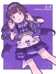 Rule 34 | 1girl, :o, aqua eyes, argyle, argyle clothes, argyle skirt, asymmetrical legwear, back bow, bat wings, black bow, black outline, black shirt, blouse, blurry, blush, bokeh, border, bow, bow choker, brown hair, character name, claw pose, colored inner hair, contrapposto, crop top, curly hair, dated, depth of field, dutch angle, fang, feet out of frame, frilled bracelet, frilled legwear, frilled shirt, frilled skirt, frilled sleeves, frills, halftone, halftone texture, headdress, highres, jewelry, jitome, kurosu aroma, lace, lace trim, layered skirt, low wings, midriff, multicolored hair, nail polish, necklace, outline, outside border, pearl necklace, pretty series, pripara, purple background, purple nails, purple skirt, purple theme, shirt, signature, skirt, solo, white border, white bow, wings, zeroarchive00