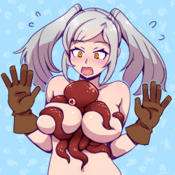 Rule 34 | 1girl, akairiot, animal between breasts, bestiality, grabbing another&#039;s breast, breasts, brown gloves, commentary, covering privates, covering breasts, covering nipples, deep skin, embarrassed, fire emblem, fire emblem awakening, fire emblem heroes, gloves, grabbing, heart, heart-shaped pupils, medium breasts, nintendo, nude, octopus, robin (female) (fire emblem), robin (fire emblem), robin (male) (fire emblem), silver hair, solo, symbol-shaped pupils, tentacles, twintails, upper body