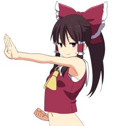 Rule 34 | 1girl, armpits, ascot, bare arms, bow, brown eyes, brown hair, clenched hand, fighting stance, hair between eyes, hair bow, hair tubes, hakurei reimu, half-closed eyes, leon (mikiri hassha), long hair, looking at viewer, navel, open hand, ponytail, sarashi, simple background, sleeveless, smile, smug, solo, touhou, white background