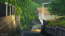Rule 34 | bad id, bad pixiv id, commentary, day, deviantart username, fence, flower, forest, grass, highres, house, intan pari project, mountain, nature, no humans, outdoors, power lines, qs2435, road, scenery, street, town, tree, utility pole, wall, watermark
