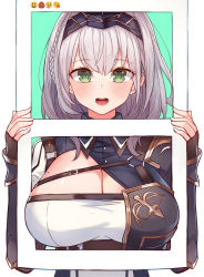 Rule 34 | 1girl, armor, blush, braid, breasts, cleavage, emoji, fingerless gloves, framed breasts, gloves, green eyes, highres, hololive, large breasts, looking at viewer, mole, mole on breast, mou tama maru, open mouth, shirogane noel, shirogane noel (1st costume), silver hair, solo, twitter, virtual youtuber