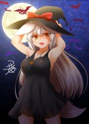 Rule 34 | 1girl, animal ears, armpits, bare arms, bat (animal), black dress, black hat, breasts, collarbone, commentary request, dress, fang, fox ears, fox tail, full moon, hair between eyes, halloween, hand on own head, hat, highres, jewelry, kohaku (yua), large breasts, long hair, looking at viewer, moon, necklace, night, night sky, open mouth, orange eyes, original, signature, skin fang, sky, sleeveless, sleeveless dress, slit pupils, solo, tail, thick eyebrows, white hair, witch hat, yua (checkmate)