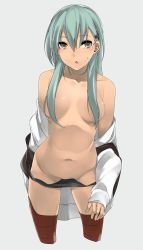 Rule 34 | 10s, 1girl, aqua hair, blush, breasts, brown thighhighs, censored, chestnut mouth, collarbone, convenient censoring, green eyes, hair censor, hair ornament, hair over breasts, hairclip, kantai collection, kochiya (gothope), long hair, navel, no bra, open mouth, school uniform, simple background, solo, stomach, suzuya (kancolle), sweat, thighhighs, undressing