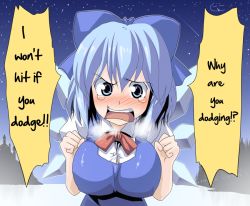 Rule 34 | 1girl, alternate breast size, angry, blue eyes, blue hair, blush, breasts, cirno, female focus, kloah, large breasts, matching hair/eyes, aged up, ribbon, short hair, solo, tears, text focus, embodiment of scarlet devil, touhou, translated, wings