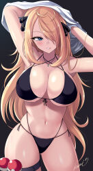 Rule 34 | 1girl, alternate eye color, arms up, bikini, black background, blonde hair, blue eyes, breasts, clothes lift, commentary request, creatures (company), cynthia (pokemon), game freak, hair ornament, highres, kasai shin, large breasts, lifting own clothes, long hair, looking at viewer, navel, nintendo, parted lips, poke ball, poke ball (basic), pokemon, pokemon dppt, shirt lift, signature, simple background, solo, stomach, swimsuit, thigh strap, thighs, very long hair