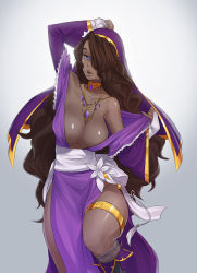 Rule 34 | 1girl, absurdres, anklet, armpit crease, blue eyes, breasts, brown hair, commentary, copyright request, cowboy shot, dark skin, dark-skinned female, dress, grey background, hair over one eye, highres, jewelry, jiffic, large breasts, long hair, looking at viewer, necklace, no bra, off shoulder, parted lips, purple dress, solo, standing, standing on one leg, veil