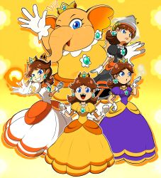 Rule 34 | 5girls, black dress, blue eyes, breasts, brooch, brown hair, bubble, bubble daisy, crown, dress, drill, drill daisy, earrings, elephant, elephant princess daisy, fire, fire daisy, flower earrings, gloves, highres, jewelry, looking at viewer, mario (series), medium breasts, multiple girls, nintendo, one eye closed, open mouth, orange dress, power-up, princess daisy, puffy short sleeves, puffy sleeves, serious, short sleeves, smug, super mario bros. wonder, tomboy, transformation, waving, white dress, wink