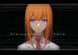 Rule 34 | 1girl, 5pb., ask (askzy), black background, closed mouth, collared shirt, copyright name, eyelashes, letterboxed, long hair, looking at viewer, makise kurisu, necktie, nitroplus, orange hair, portrait, purple eyes, red necktie, science adventure, shirt, solo, steins;gate, steins;gate 0, text focus, white shirt