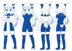 Rule 34 | 1girl, animal ear fluff, animal ears, arms at sides, ass, black thighhighs, blue theme, blush, bodysuit, bow, cat ears, cat tail, character sheet, clothing cutout, covered navel, full body, hair bow, hair ornament, hairclip, hands on own hips, medium hair, monochrome, muku (muku-coffee), multiple tails, multiple views, original, pelvic curtain, skin tight, standing, strapless, tail, tail through clothes, thighhighs, turnaround, two tails, white hair