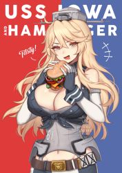 Rule 34 | +++, 1girl, :d, bad id, bad pixiv id, bare shoulders, belt, belt buckle, blonde hair, blue eyes, breasts, buckle, burger, character name, commentary, drooling, elbow gloves, english text, eyes visible through hair, food, front-tie top, gloves, hair between eyes, headgear, holding, holding food, iowa (kancolle), kantai collection, large breasts, long hair, mouth drool, navel, open mouth, simple background, smile, solo, star (symbol), star in eye, symbol in eye, terupancake, two-tone background, v-shaped eyebrows