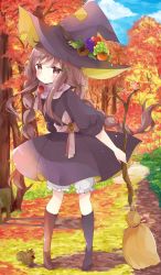 Rule 34 | 1girl, animal, apple, autumn leaves, bad id, bad pixiv id, black dress, black footwear, black hat, bloomers, blush, boots, braid, broom, brown eyes, brown hair, chipmunk, commentary request, day, dress, expressionless, food, fruit, full body, grapes, hat, highres, holding, holding broom, knee boots, long hair, looking at viewer, orange (fruit), original, outdoors, patch, path, persimmon, road, sash, sidelocks, solo, squirrel, standing, tree, tsukiyo (skymint), twin braids, underwear, very long hair, white bloomers, witch, witch hat