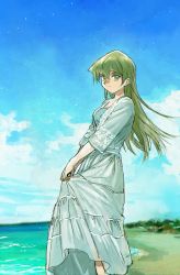 Rule 34 | 1girl, 203wolves, beach, blonde hair, blue sky, blurry, blurry background, closed mouth, day, dress, floating hair, green eyes, hair between eyes, highres, long dress, long hair, looking at viewer, ocean, outdoors, shore, skirt hold, sky, solo, straight hair, sundress, tenjouin asuka, very long hair, white dress, yu-gi-oh!, yu-gi-oh! gx