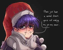 Rule 34 | 1girl, bags under eyes, closed mouth, doremy sweet, dress, english text, grey background, hair between eyes, hair in own mouth, hat, highres, jackyyeah, long bangs, looking at viewer, messy hair, nightcap, pointy ears, pom pom (clothes), purple eyes, purple hair, red hat, short hair, solo, touhou, turtleneck, upper body, white dress