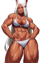 Rule 34 | 1girl, ;p, abs, absurdres, animal ears, bare shoulders, biceps, bikini, boku no hero academia, breasts, cleavage, commission, dark-skinned female, dark skin, front-tie bikini top, front-tie top, gluteal fold, hands on own hips, highres, large breasts, long eyelashes, long hair, looking at viewer, mirko, muscular, muscular female, navel, one eye closed, parted bangs, rabbit ears, rabbit girl, raised eyebrow, red eyes, smile, solo, sotcho, stomach, swimsuit, teeth, thick thighs, thighs, tongue, tongue out, upper teeth only, very long hair, white background, white bikini, white hair