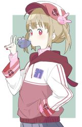 Rule 34 | 1girl, absurdres, alternate hairstyle, bad id, bad twitter id, blowing bubbles, blush, chewing gum, donguri suzume, fox shadow puppet, hair ornament, hand in pocket, hat, heart, highres, hood, hoodie, light brown hair, long sleeves, looking at viewer, natori sana, rabbit hair ornament, red eyes, red hat, sana channel, short hair, solo, sweater, two side up, virtual youtuber