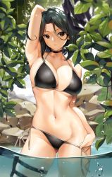 Rule 34 | 1girl, arm up, armpits, bare shoulders, bikini, bikini pull, black bikini, black choker, breasts, brown eyes, choker, cleavage, closed mouth, clothes pull, commission, fate/zero, fate (series), green hair, halterneck, highres, hisau maiya, large breasts, leaf, looking to the side, medium hair, navel, outdoors, partially submerged, rock, side-tie bikini bottom, solo, standing, string bikini, swimsuit, thigh strap, thighs, tony guisado, water, water drop