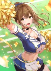 Rule 34 | 1girl, ahoge, aiban, bike shorts, bike shorts under skirt, blush, breasts, cheering, cheerleader, cleavage, collarbone, colored skin, confetti, crop top, floating hair, highres, holding, holding pom poms, huge ahoge, idolmaster, idolmaster shiny colors, kuwayama chiyuki, large breasts, looking at viewer, multicolored skin, navel, outdoors, outstretched arm, pom pom (cheerleading), pom poms, ponytail, smile, solo, two-tone shirt, two-tone skin