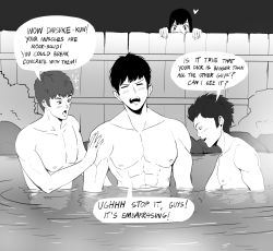 Rule 34 | 1girl, 3boys, abs, commentary, english commentary, fence, francisco mon, greyscale, heart, highres, monochrome, multiple boys, muscular, muscular male, onsen, original, partially submerged, peeking, sparkle, toned, toned male, yaoi