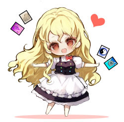 Rule 34 | 100th black market, 1girl, apron, barefoot, black skirt, black vest, blonde hair, blush, buttons, card, chibi, colored shadow, commentary request, full body, hair between eyes, heart, kirisame marisa, long hair, multicolored buttons, open mouth, piyokichi, puffy short sleeves, puffy sleeves, red eyes, shadow, short sleeves, simple background, skirt, smile, solo, standing, touhou, vest, waist apron, white apron, white background