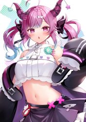 Rule 34 | 1girl, ahoge, bare shoulders, belt, black jacket, black skirt, bow, breasts, chestnut mouth, crop top, crop top overhang, demon horns, gradient hair, hair bow, hair ornament, hairclip, highres, horns, indie virtual youtuber, jacket, large breasts, long hair, long sleeves, looking at viewer, midriff, miniskirt, momoshiki tsubaki, multicolored hair, navel, off shoulder, open clothes, open jacket, open mouth, pink eyes, pink hair, revealing clothes, satou pote (vtuber), shirt, skirt, sleeveless, sleeveless shirt, sleeves past fingers, sleeves past wrists, solo, stomach, twintails, upper body, virtual youtuber, white shirt