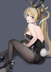 Rule 34 | 1girl, adjusting clothes, adjusting leotard, alternate costume, animal ears, bare shoulders, black leotard, black pantyhose, blonde hair, blue eyes, bradamante (fate), braid, breasts, detached collar, earrings, fake animal ears, fate/grand order, fate (series), french braid, high heels, highres, jewelry, leotard, long hair, looking back, medium breasts, pantyhose, playboy bunny, rabbit ears, rabbit tail, solo, strapless, strapless leotard, sunga2usagi, tail, twintails, very long hair, wrist cuffs