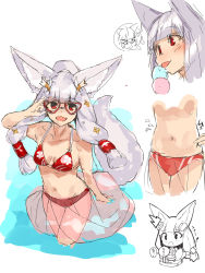 Rule 34 | &gt; &lt;, 1girl, :d, ^^^, adjusting eyewear, animal ear fluff, animal ears, bare arms, bare shoulders, bikini, blush, breasts, chibi, collarbone, commentary request, double scoop, food, fox ears, fox girl, fox tail, hair ornament, hair tubes, hand up, heart, heart-shaped eyewear, highres, ice cream, japanese clothes, kimono, licking, long hair, looking at viewer, multiple views, open mouth, original, ponytail, red-framed eyewear, red bikini, red eyes, see-through, sidelocks, silver hair, sketch, small breasts, smile, standing, swimsuit, tail, tongue, tongue out, translation request, very long hair, wading, water, weighing scale, white background, x hair ornament, yuuji (yukimimi)