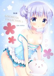 Rule 34 | 1girl, :o, angora rabbit, animal, bitter crown, blue eyes, blue hair, blue one-piece swimsuit, blush, breasts, breasts out, censored, censored nipples, chestnut mouth, clothes pull, collarbone, commentary request, cowboy shot, double bun, flower, frilled swimsuit, frills, gochuumon wa usagi desu ka?, gradient background, hair bun, heart, heart censor, holding, holding animal, kafuu chino, leaning forward, light blue hair, long hair, looking at viewer, one-piece swimsuit, one-piece swimsuit pull, open mouth, polka dot, polka dot swimsuit, rabbit, sidelocks, small breasts, solo, standing, star (symbol), strap slip, swimsuit, tippy (gochiusa), two-tone background