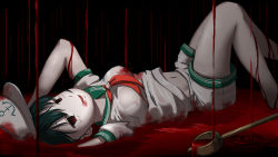 Rule 34 | 1girl, arms up, bare arms, bare legs, blood, blood on clothes, blood on face, commentary request, dripping, empty eyes, from side, green hair, hat, highres, hikaru niwatori, hishaku, knees up, looking at viewer, lying, midriff peek, murasa minamitsu, navel, no bra, on back, parted lips, red eyes, sailor, sailor collar, sailor hat, see-through, shirt, short hair, short sleeves, shorts, smile, solo, stomach, touhou, wet, wet clothes