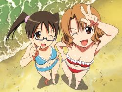 Rule 34 | 2girls, beach, bikini, black hair, breasts, brown eyes, brown hair, cleavage, day, foreshortening, frilled bikini, frills, from above, glasses, hand on own hip, highres, medium breasts, momioka risa, multiple girls, one eye closed, outdoors, pointing, red eyes, sawada mio, short hair, small breasts, smile, swimsuit, to love-ru, v, water, wink