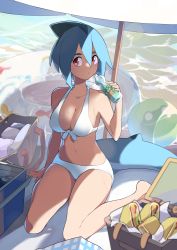 Rule 34 | 1girl, :/, absurdres, arm support, azuumori, bag, ball, bare shoulders, beach, beach umbrella, beachball, bikini, blue hair, blurry, bottle, breasts, can, cleavage, closed mouth, collarbone, commentary, cooler, depth of field, english commentary, fins, fish tail, food, front-tie bikini top, front-tie top, full body, hair between eyes, halterneck, hand up, highres, holding, holding bottle, innertube, large breasts, looking to the side, mako (azuumori), medium hair, navel, ocean, original, ramune, red eyes, sandwich, shark girl, shark tail, sitting, solo, straight hair, swim ring, swimsuit, tail, thick eyebrows, tote bag, towel, umbrella, wariza, water, white bikini