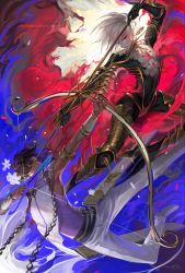 Rule 34 | 2boys, arjuna (fate), armlet, armor, battle, bishounen, black bodysuit, blue eyes, bodysuit, bow (weapon), earrings, egawa akira, fate/grand order, fate (series), flower, heterochromia, highres, holding, holding bow (weapon), holding polearm, holding spear, holding weapon, jewelry, karna (fate), looking at another, male focus, multiple boys, pants, polearm, red eyes, shoes, spear, spikes, weapon, white footwear, white hair, white pants