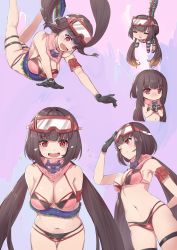 Rule 34 | 1girl, absurdres, bare shoulders, bikini, blush, breasts, brown hair, chibi, cleavage, crying, fate/grand order, fate (series), goggles, goggles on head, gradient hair, hane yuki, hanging, highres, large breasts, long hair, looking at viewer, multicolored hair, multiple views, navel, open mouth, osakabehime (fate), osakabehime (swimsuit archer) (fate), osakabehime (swimsuit archer) (second ascension) (fate), pink bikini, pink scarf, purple eyes, scarf, ski goggles, smile, swimsuit, tears, tentacles, thighs, twintails, very long hair