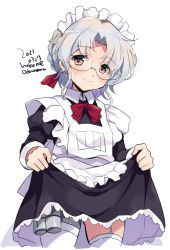 Rule 34 | 1girl, alternate costume, apron, black dress, blush, brown eyes, closed mouth, clothes lift, cropped legs, dated, dress, dress lift, enmaided, glasses, hirato (kancolle), juliet sleeves, kantai collection, lifted by self, long sleeves, maid, maid apron, maid headdress, odawara hakone, puffy sleeves, short hair, silver hair, simple background, smile, solo, thighhighs, twitter username, white apron, white background, white thighhighs