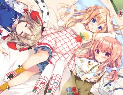 Rule 34 | 3girls, = =, arm up, bed sheet, blonde hair, blue dress, blue eyes, blush, book, bookmark, breasts, brown hair, brown skirt, closed eyes, closed mouth, commentary request, dress, drooling, hair between eyes, hand up, jacket, large breasts, long hair, long sleeves, looking at viewer, lying, medium breasts, multiple girls, on back, on side, open clothes, open jacket, open mouth, orange socks, original, pantyhose, pillow, purinpurin, red eyes, shirt, skirt, slippers, small breasts, smile, socks, suspender skirt, suspenders, very long hair, white dress, white footwear, white jacket, white legwear, white shirt