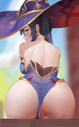 Rule 34 | 1girl, ass, back, black hair, blue leotard, blush, breasts, censored, clothing aside, earrings, from behind, genshin impact, green eyes, hat, highres, jewelry, large breasts, leaning forward, leotard, leotard aside, long hair, looking back, mona (genshin impact), mosaic censoring, parted lips, purple hat, pussy, senba (592683801), sideboob, sitting, solo, sweatdrop, twintails, witch hat