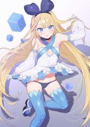 Rule 34 | 1girl, alicia solid, asymmetrical bangs, bare shoulders, black ribbon, blonde hair, blue eyes, blue thighhighs, braid, breasts, choker, dress, elbow sleeve, flat chest, gloves, gluteal fold, hair ornament, hairband, hands up, happy, highres, lips, long hair, looking at viewer, lowleg, lowleg panties, mameojitan, navel, niconi solid, niconico, open mouth, panties, ribbon, ribbon-trimmed skirt, ribbon choker, ribbon trim, simple background, single braid, skindentation, small breasts, smile, sparkle, star-shaped pupils, star (symbol), striped clothes, striped thighhighs, symbol-shaped pupils, tagme, thighhighs, underwear, vertical-striped clothes, vertical-striped thighhighs, very long hair, white dress, white gloves, wind, wind lift