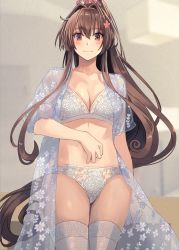 Rule 34 | 1girl, blush, bra, breasts, brown eyes, brown hair, camisole, cherry blossoms, collarbone, commentary, cowboy shot, grey background, hair between eyes, highres, indoors, kantai collection, kasumi (skchkko), lingerie, long hair, looking at viewer, medium breasts, navel, open clothes, panties, ponytail, short sleeves, solo, thighhighs, underwear, very long hair, white bra, white panties, white thighhighs, yamato (kancolle)