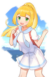 Rule 34 | 1girl, blonde hair, blush, clenched hand, cloud, commentary request, creatures (company), day, eyelashes, floating hair, game freak, green eyes, hands up, highres, holding strap, knees, lillie (pokemon), long hair, magicfishtaco, nintendo, open mouth, outdoors, pleated skirt, pokemon, pokemon sm, ponytail, sailor collar, shirt, short sleeves, skirt, sky, smile, solo, teeth, tongue, upper teeth only, white shirt, white skirt