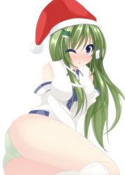 Rule 34 | 1girl, adapted costume, ass, bad id, bad pixiv id, blue eyes, blush, breasts, chestnut mouth, chimunge, detached sleeves, frog hair ornament, green hair, green panties, hair ornament, hat, highres, kochiya sanae, large breasts, long hair, long sleeves, looking at viewer, no pants, one eye closed, open mouth, panties, santa hat, shirt, simple background, sitting, snake hair ornament, solo, touhou, underwear, very long hair, white background, wink
