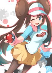 Rule 34 | 1girl, ;d, absurdres, bad id, bad pixiv id, blush, breasts, bright pupils, brown hair, brown pantyhose, collarbone, commentary, creatures (company), double bun, eyelashes, floating hair, game freak, hair between eyes, hair bun, highres, holding, holding poke ball, large breasts, long hair, miyama (yakinikusushi the royal), nintendo, one eye closed, open mouth, pantyhose, pantyhose under shorts, poke ball, poke ball (basic), pokemon, pokemon bw2, raglan sleeves, rosa (pokemon), shirt, short shorts, shorts, smile, solo, teeth, tongue, twintails, upper teeth only, visor cap, white pupils, yellow shorts