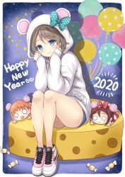 Rule 34 | 1girl, 2020, :d, ahoge, animal ears, animal hood, aqua bow, balloon, blue eyes, blush, blush stickers, bow, braid, candy, character doll, cheese, chinese zodiac, clenched hands, commentary request, elbows on knees, food, grey hair, hair bow, happy new year, head rest, highres, hood, hood up, hoodie, legs together, long sleeves, looking at viewer, love live!, love live! sunshine!!, mouse ears, mouse hood, nesoberi, new year, nike (company), o o, open mouth, orange hair, pink footwear, polka dot, polka dot bow, red bow, sakurai makoto (custom size), sakurauchi riko, shoes, short hair, side braid, sitting, smile, sneakers, solo, takami chika, watanabe you, white hoodie, year of the rat