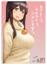 Rule 34 | 1girl, 2018, akagi (kancolle), arms behind back, breasts, dated, female focus, food, fruit, gradient background, highres, kakinomai, kantai collection, large breasts, long hair, mandarin orange, new year, object on breast, open mouth, orange (fruit), pink background, simple background, solo, sweater