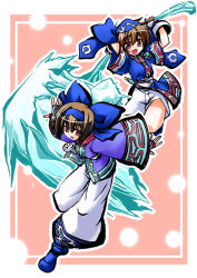 Rule 34 | 2girls, :d, :p, bow, brown eyes, brown hair, dual persona, fingerless gloves, full body, gloves, hair ribbon, hairband, happy, hisame genta, ice, japanese clothes, jewelry, konril, multiple girls, necklace, open mouth, pants, ribbon, rimururu, samurai spirits, shoes, short hair, shorts, smile, snk, tongue, tongue out