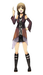 Rule 34 | 1girl, ;d, black socks, brown dress, brown hair, detached sleeves, dress, fashion, full body, grin, hand on own hip, hip focus, index finger raised, jewelry, kneehighs, long sleeves, looking at viewer, one eye closed, open mouth, original, pos (shiratama-ya), ring, see-through, simple background, smile, socks, solo, standing, teeth, white background, wink